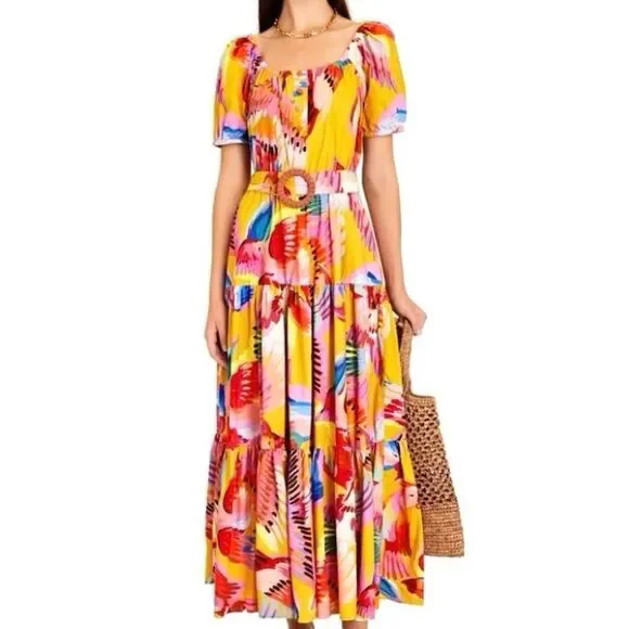 SOLD FARM Rio Neon Macaws Maxi Dress Beaded Tropical Bird Yellow Pink Size L - Picture 4 of 16